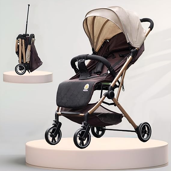 Travel Mate Baby Stroller – Pre-Installed, Lightweight, Compact & Travel-Friendly | One-Hand Fold | Full Recline & 5-Point Harness | Newborn to Toddler (0-3 Yrs) | Elegant Rose Gold Frame – Brown/Khaki